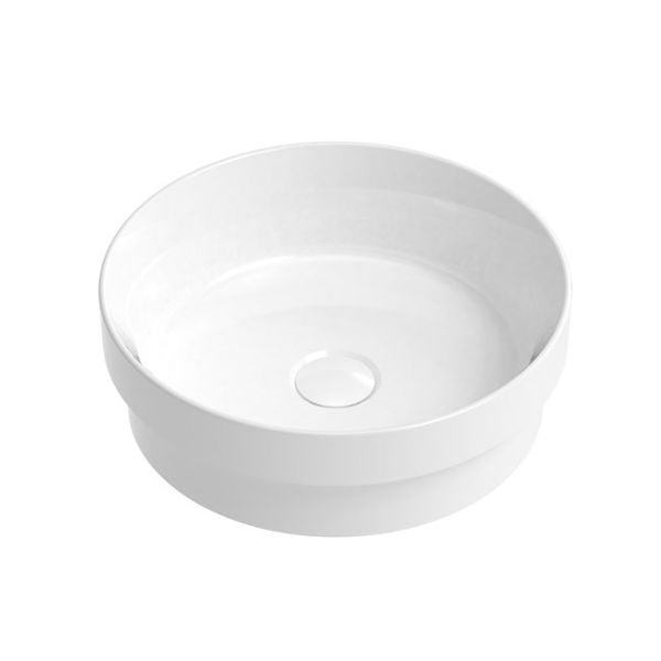 ADP Monica round semi inset basin in gloss white ceramic, front view on white background, 0 tap holes