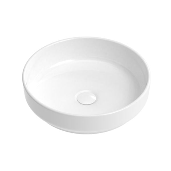 ADP Monroe round above counter basin in gloss white ceramic, 400mm, shown front on against white background