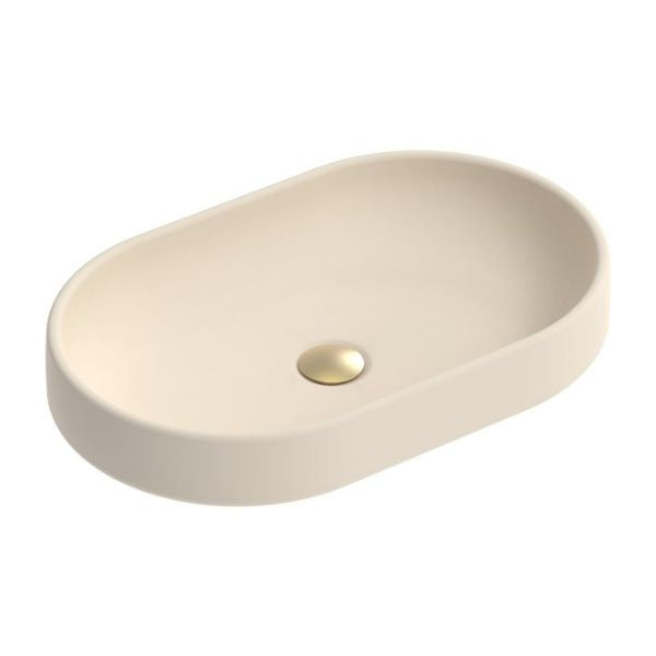 ADP Norma above counter basin in Butter, oval concrete design with centred waste plug, shown on white background
