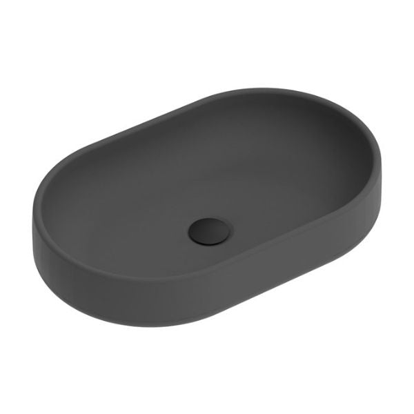 ADP Norma black concrete oval above-counter bathroom basin, top view, with central waste hole