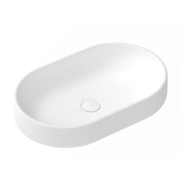 ADP Norma oval above-counter basin, white concrete finish, top view with central waste opening
