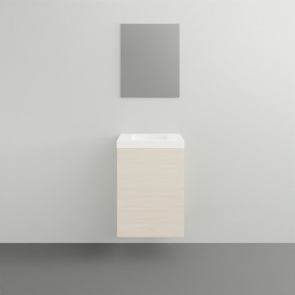 ADP Petite wall hung vanity with white top and light woodgrain cabinet, front view in a minimalist bathroom setting
