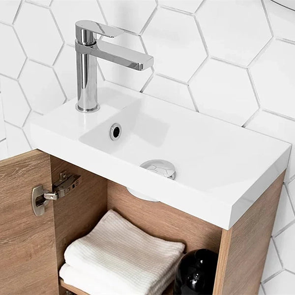 ADP Petite wall-hung vanity with white polymarble top, woodgrain cabinet, chrome tap and hex tile splashback