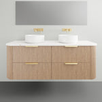 ADP Thirroul wall-hung vanity in wood finish with white top, twin basins and brass handles, front view