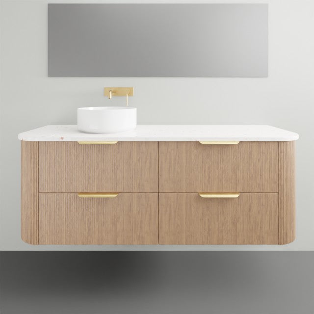 ADP Thirroul wall-hung vanity, timber finish with white top, curved ends and brass handles, shown with basin in front view