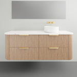 ADP Thirroul wall-hung vanity with white top, oak-look curved drawers, brass handles and left bowl basin