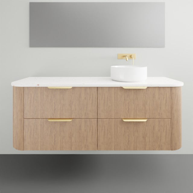 ADP Thirroul wall-hung vanity with white top, oak-look curved drawers, brass handles and left bowl basin