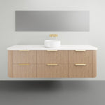 ADP Thirroul wall hung vanity in wood finish with white Caesarstone top, gold handles and round above-counter basin