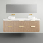 ADP Thirroul wall-hung vanity with white top, timber finish and six drawers, shown with twin above-counter basins