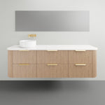 ADP Thirroul wall-hung vanity in wood finish with white stone top, gold handles and round basin