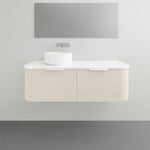 ADP Waverley wall-hung vanity in Prime Oak woodmatt with white benchtop, centre basin and curved drawer fronts