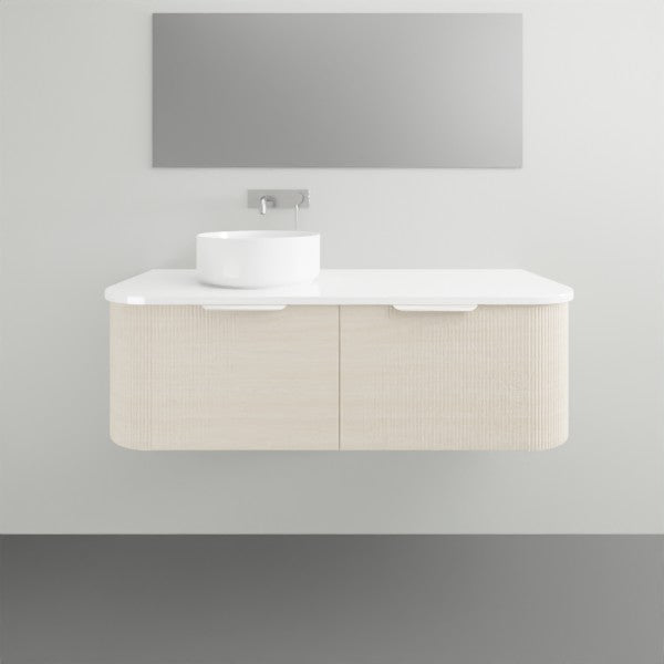 ADP Waverley wall-hung vanity in Prime Oak woodmatt with white benchtop, centre basin and curved drawer fronts