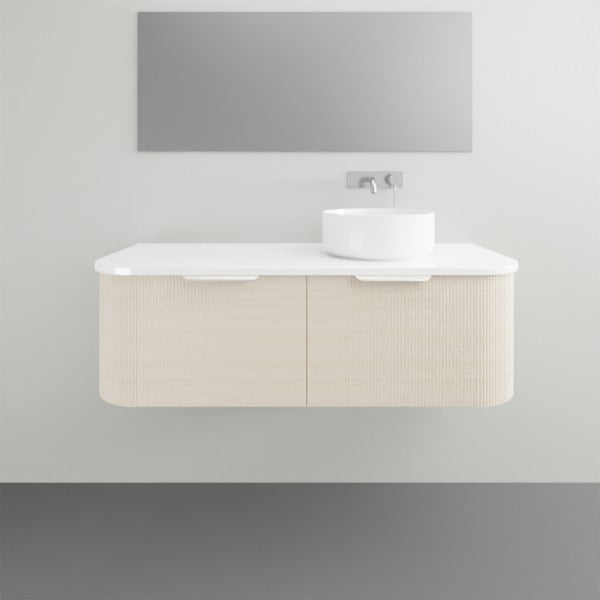 ADP Waverley wall-hung vanity with white benchtop, curved woodgrain drawers and left-offset basin, front view