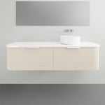 ADP Waverley wall-hung vanity with white top, light woodgrain drawers and round above-counter basin, front view