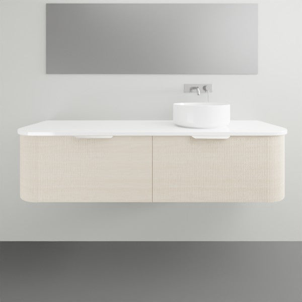 ADP Waverley wall-hung vanity with white top, light woodgrain drawers and round above-counter basin, front view