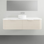 ADP Waverley wall-hung vanity with curved woodgrain drawers, white benchtop and centre basin in bathroom setting