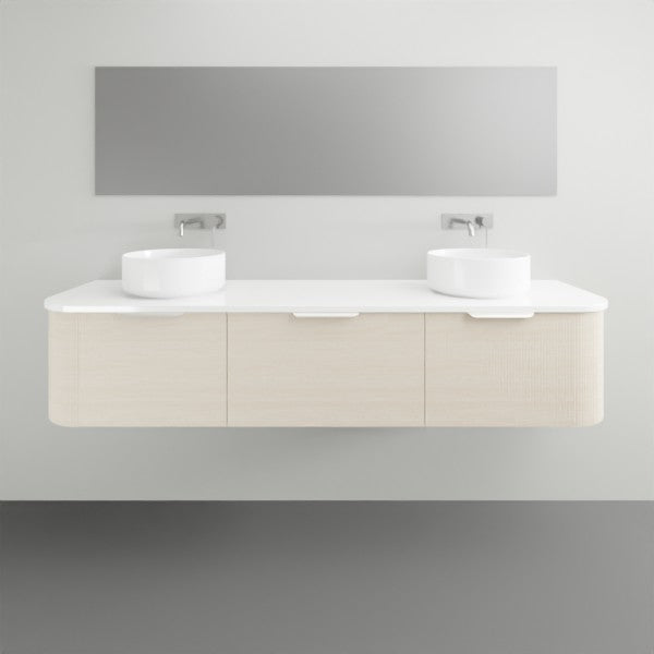 ADP Waverley wall-hung vanity with white top, light woodgrain finish and curved ends in a bathroom setting