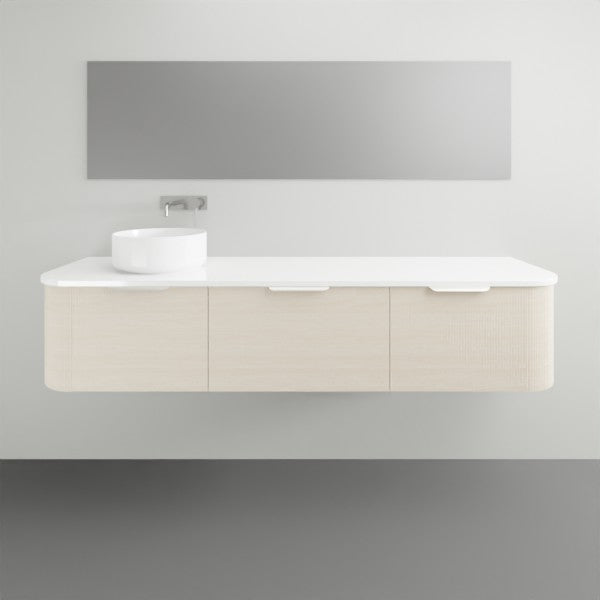 ADP Waverley wall-hung vanity with white benchtop and light woodgrain drawers, front view, in bathroom setting