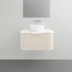 ADP Waverley wall-hung vanity in woodgrain finish with white top and round above-counter basin