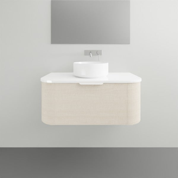 ADP Waverley wall-hung vanity with rounded woodgrain front, white benchtop and centre basin in bathroom setting