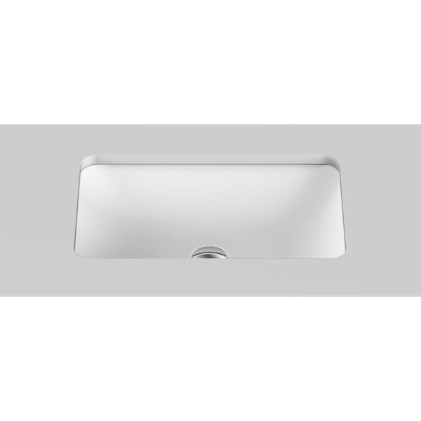 ADP Glory white solid surface under counter basin, rectangular under-mount view with curved corners and central waste hole