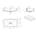 ADP Zeya rectangular inset basin in white, shown in technical drawing with dimensions and side, top and perspective views
