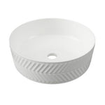 Timberline Allure Arrow white round above counter basin with chevron texture and thin rim, front view on white background