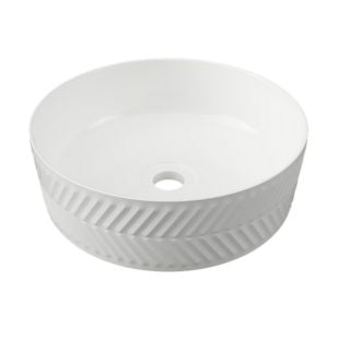 Timberline Allure Arrow white round above counter basin with chevron texture and thin rim, front view on white background