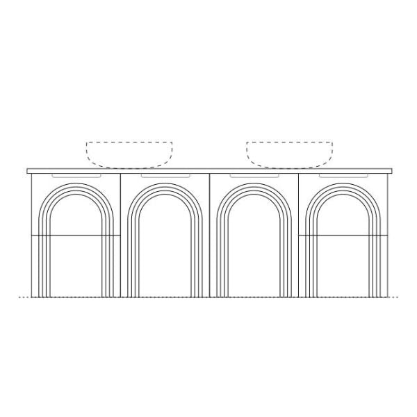 Marquis Arco wall hung vanity technical drawing with arched front panels and two above-counter basins shown on a white background