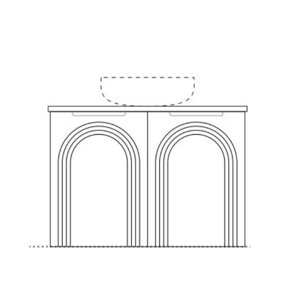 Marquis Arco wall hung vanity technical drawing with arched front panels and inset basin outline