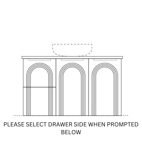 Marquis Arco wall hung vanity technical drawing with arched fronts and centre basin, please select drawer side