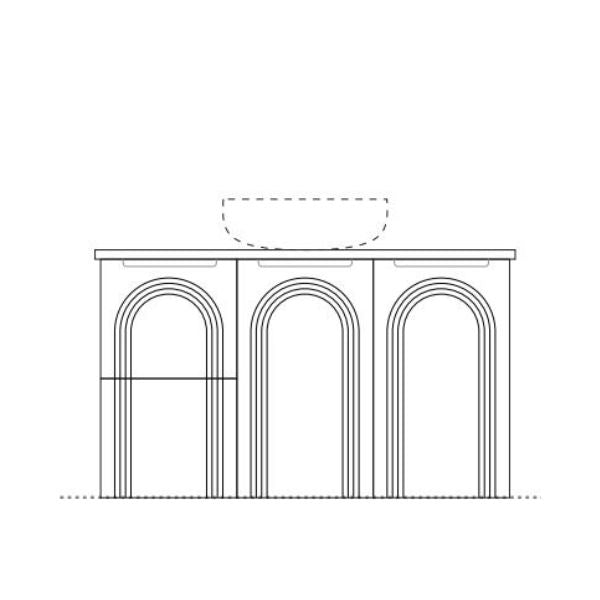 Marquis Arco wall hung vanity, front technical drawing with arched cabinet fronts, benchtop and basin outline above