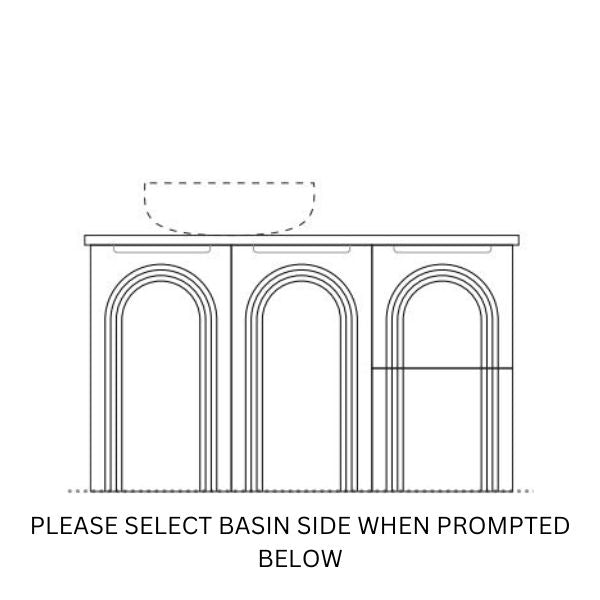 Marquis Arco wall hung vanity diagram with arched front panels and a centre basin position option