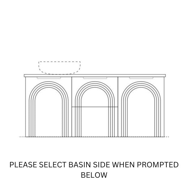 Marquis Arco wall hung vanity technical drawing with arched front panels and basin position guide