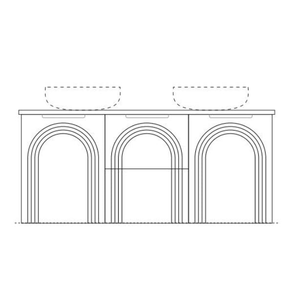 Marquis Arco wall hung vanity technical drawing with triple arched fronts, double basins and centre drawer layout