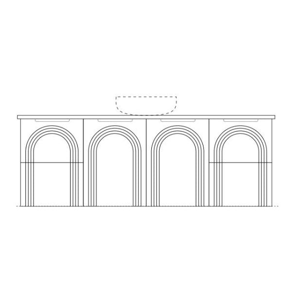 Marquis Arco wall hung vanity technical drawing with arched V-groove fronts and centre basin cut-out