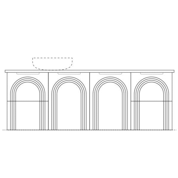 Marquis Arco wall hung vanity technical drawing with arched V-groove front and centre basin position