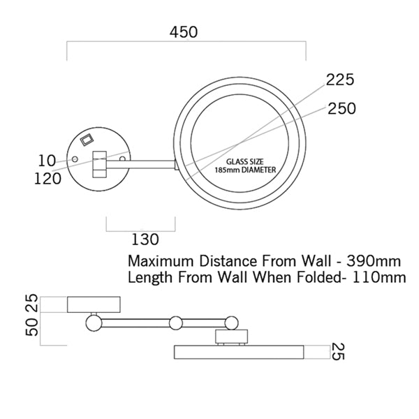 Thermogroup Ablaze chrome 3x magnifying shaving mirror with cool light, technical drawing showing 250mm head and 390mm arm.