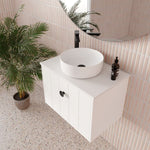 Marquis Anna white wall-hung ensuite vanity with centre bowl basin and black handle in a modern bathroom setting