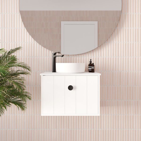 Marquis Anna wall-hung ensuite vanity in matte white with round basin and black tapware, front view in bathroom setting