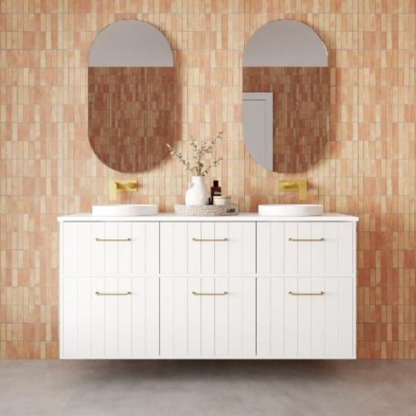 Marquis Anna white wall hung vanity with drawers, twin basins and brushed gold handles in a bathroom setting