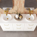Marquis Anna wall hung vanity in white with shiplap drawers, double round basins, gold handles and benchtop