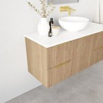 Marquis Arco wall hung vanity in prime oak with white benchtop, offset basin and brushed brass handles