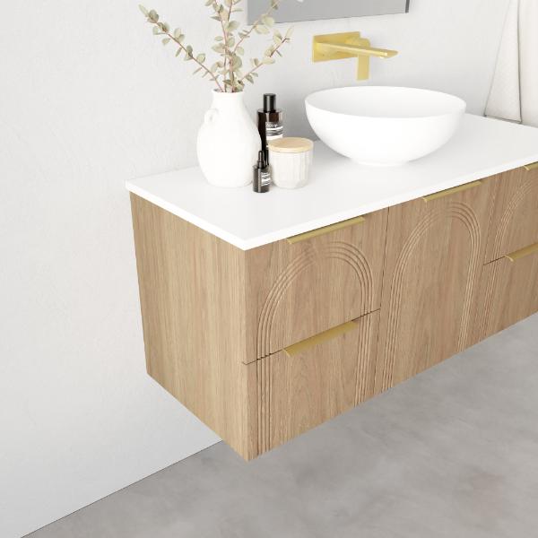 Marquis Arco wall hung vanity in prime oak with white benchtop, offset basin and brushed brass handles