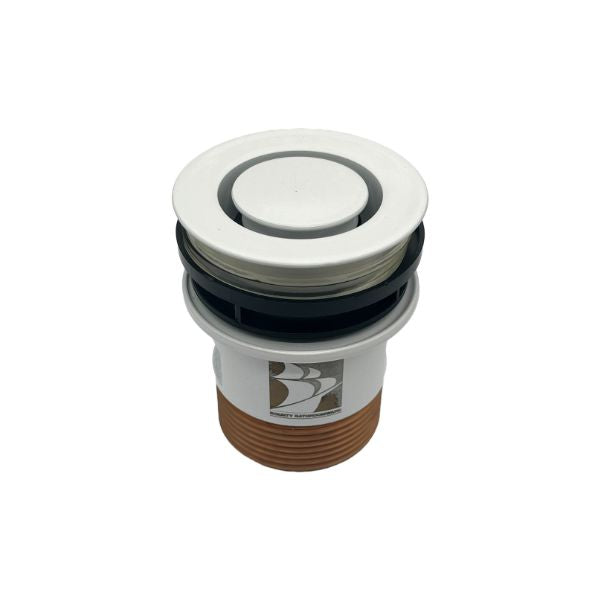 ART Australia Pop Down® 40mm bath plug and waste, white, shown front on with removable cartridge