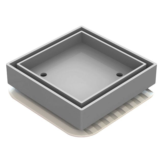 ART Australia Bermuda Megaflex square tile-insert floor waste, chrome finish, with 50mm outlet and base shown in angled view