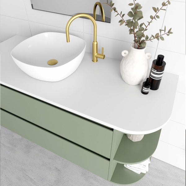 Marquis Avion wall hung vanity with white basin, curved shelf end, white top and green cabinet finish, angled view