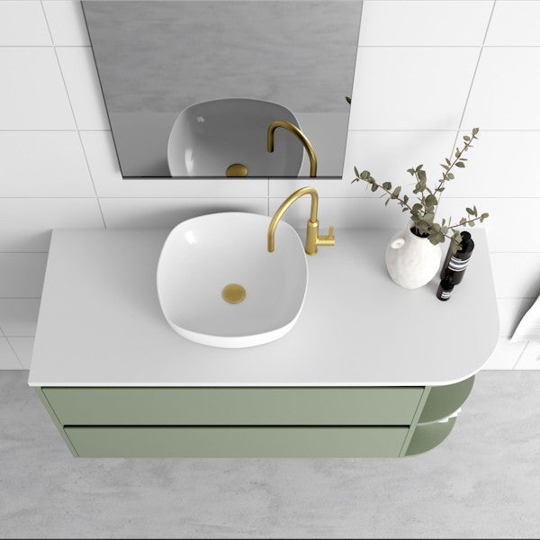 Marquis Avion wall hung vanity with white top, round basin and sage green curved drawer fronts, bathroom view