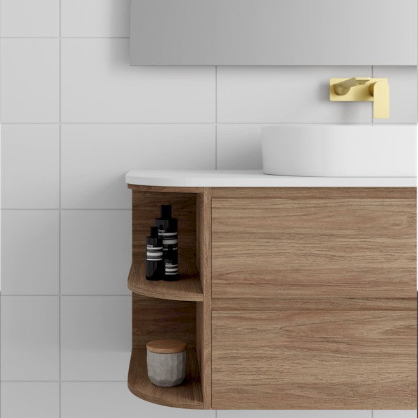 Marquis Avion wall hung vanity in woodgrain finish with white top, curved open shelf and basin