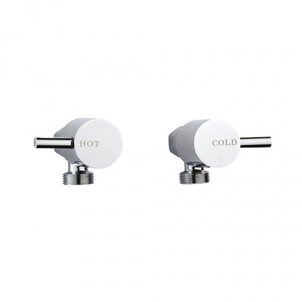 Fienza Isabella chrome wall-mounted washing machine taps, hot and cold lever outlets, front view on white background